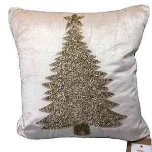 Rachel Ashwell Gold Beaded Christmas Tree Pillow Blush Pink Velvet 18" NEW